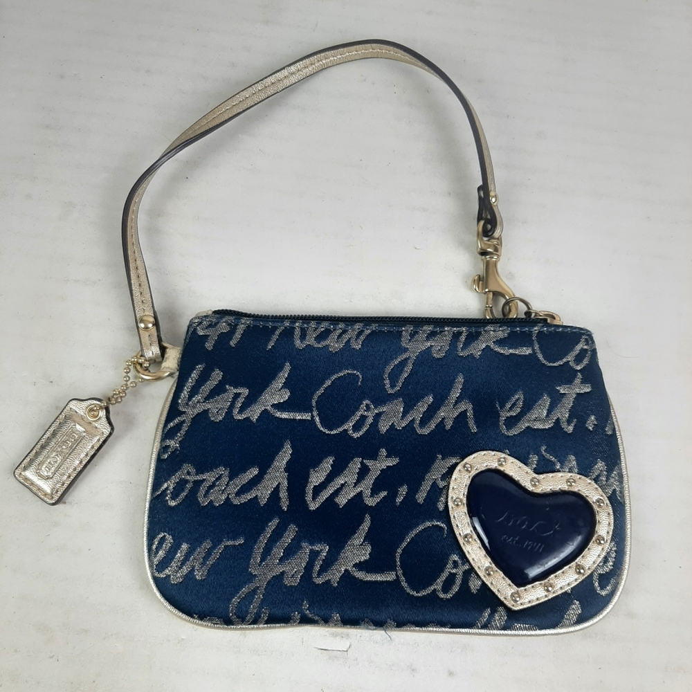 Coach New York Script Navy Blue Gold Heart Wristlet